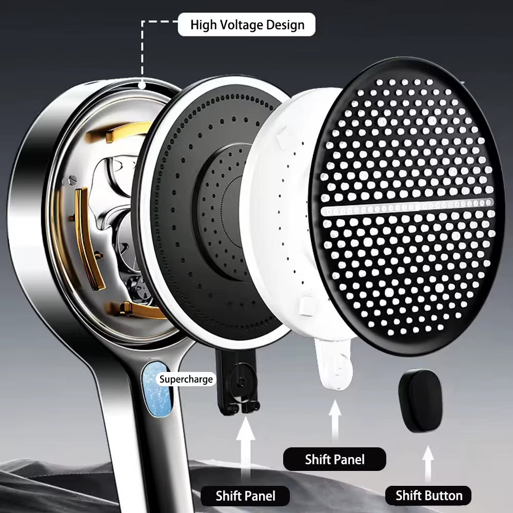 Pressure Boost Shower Head Black High Pressure Large Flow Spray Nozzle 15CM Big Panel 4 Modes Massage Shower Bathroom Accessorie